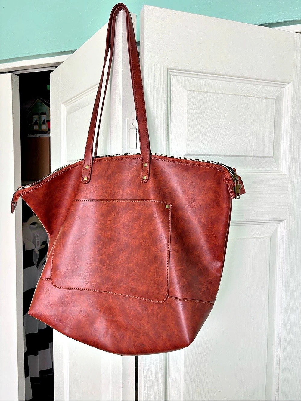Red Brown Leather-Look Tote Bag